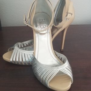 BCBG Nude Silver Stilettos 8.5